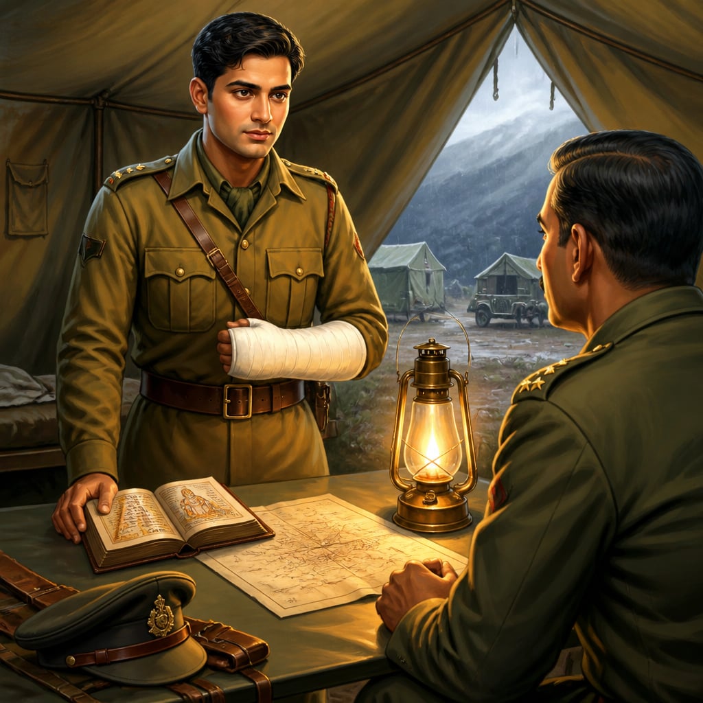 Major Somnath Sharma in a field tent with his plaster cast and Bhagavad Gita before flying to Kashmir.