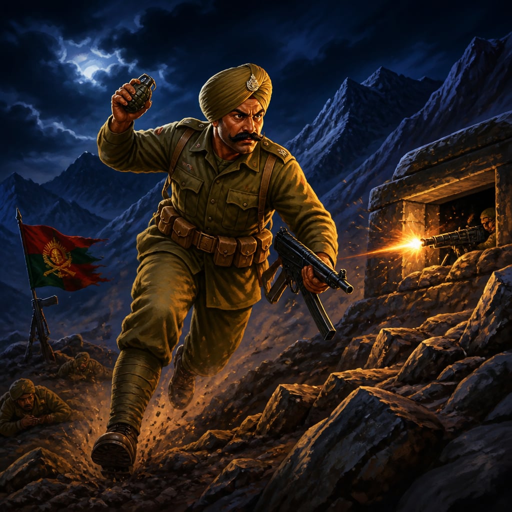 CHM Piru Singh charging a Himalayan bunker at night with grenade and Sten gun.