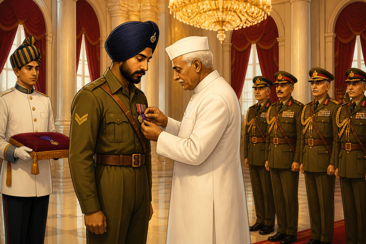 Karam Singh receiving the Param Vir Chakra from President Rajendra Prasad