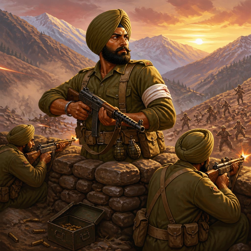 Lance Naik Karam Singh directing fire from the Richhmar Gali sangar with a bandaged arm.