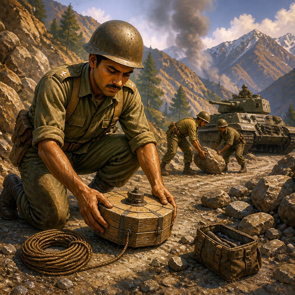 Second Lieutenant Rama Raghoba Rane lifting an anti-tank mine on the Naushera-Rajauri road.