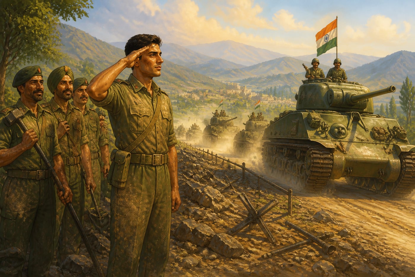Sherman tanks rolling along the cleared Naushera-Rajauri road on April 11