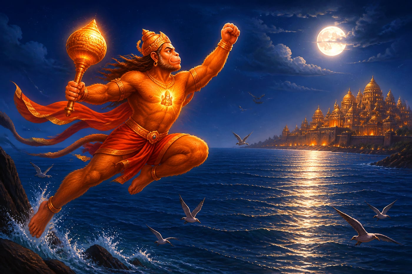 Lord Hanuman leaping across the ocean toward Lanka
