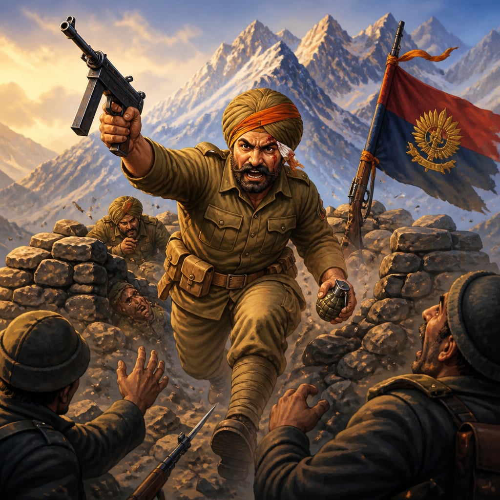 Naik Jadunath Singh surging from a stone sangar on Taindhar ridge with his Sten gun.