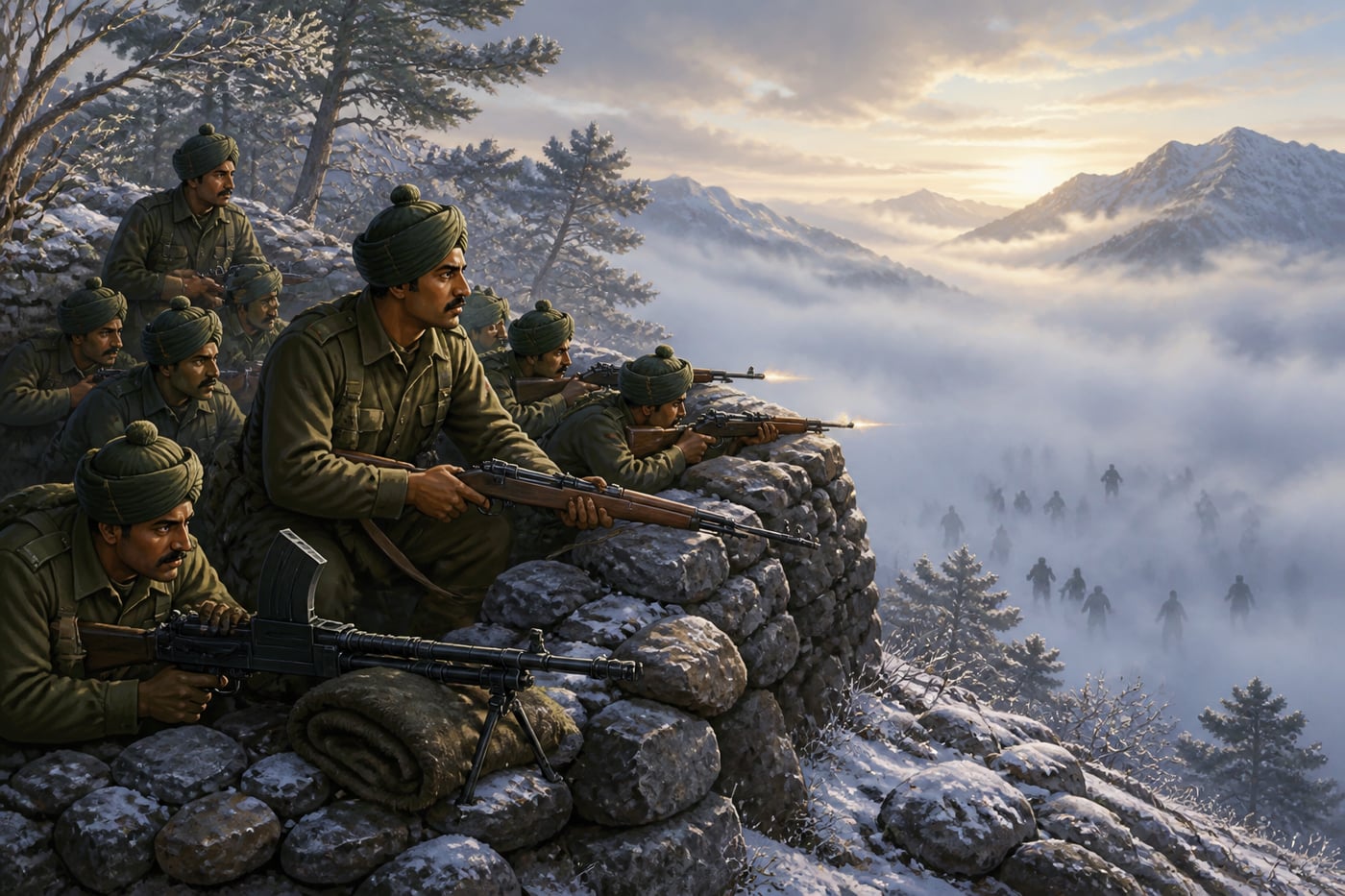 Nine-man Rajput section in fog at Taindhar facing the first wave