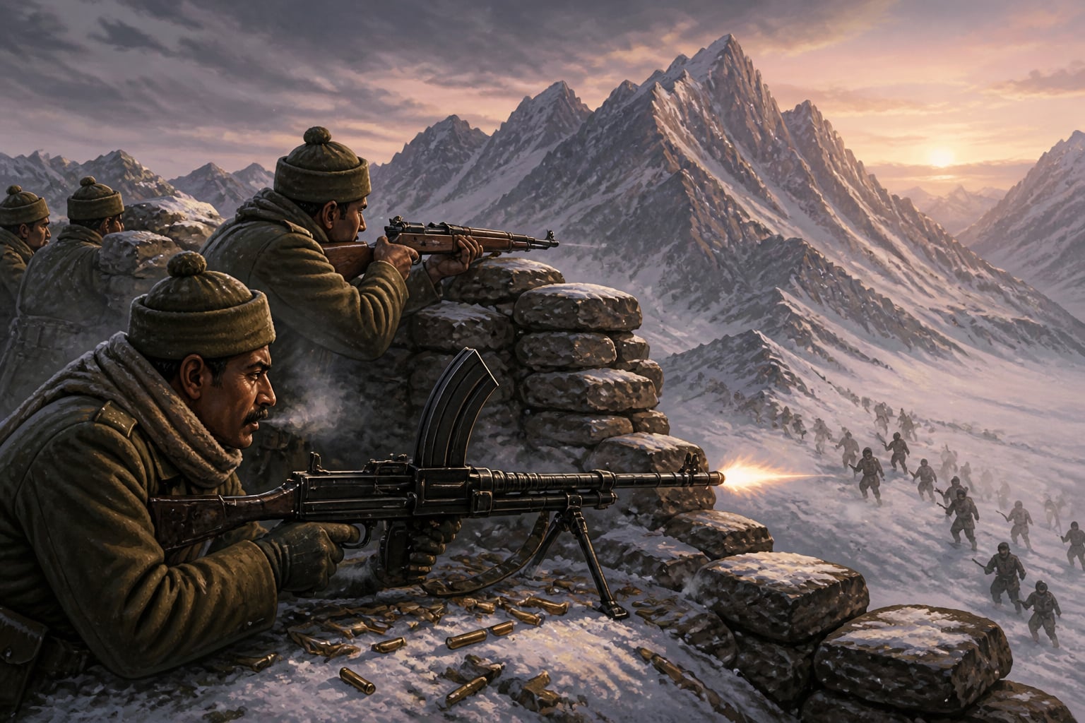 Charlie Company firing from stone sangars at Rezang La