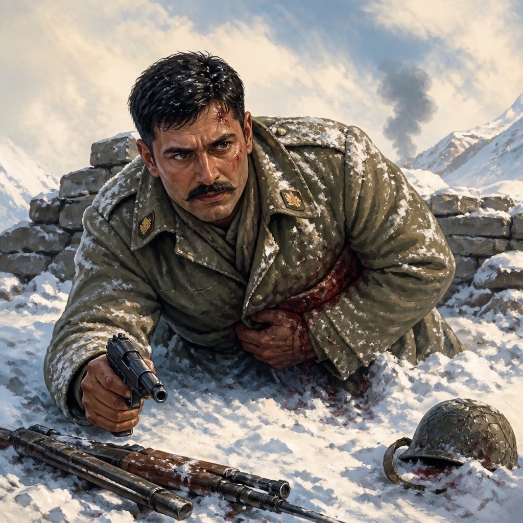 Major Shaitan Singh crawls forward through the snow at Rezang La, pistol in hand, refusing to retreat.