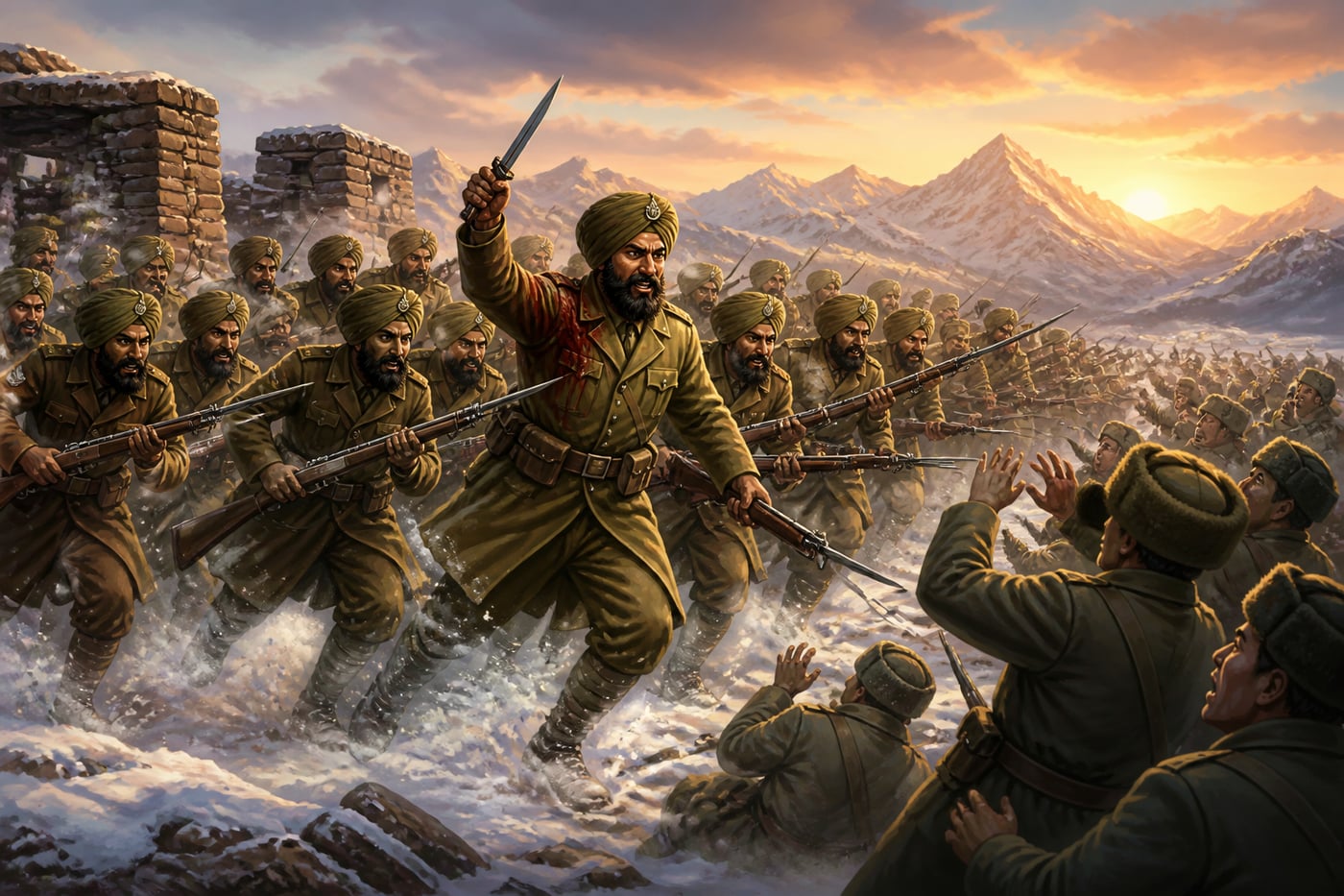 Sikh jawans of 1 Sikh charging with bayonets fixed at Bum La