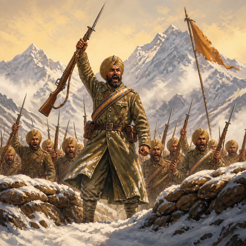 Subedar Joginder Singh raises a bayoneted rifle at the trench lip and calls the Sikh war cry above Bum La.
