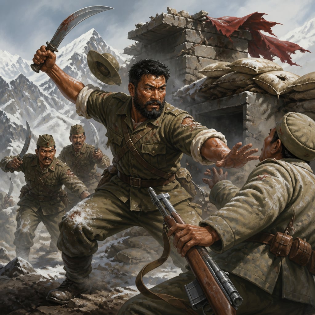 Major Dhan Singh Thapa lunges forward with a kukri amid the broken Sirijap bunker, his Gorkha riflemen at his shoulder.