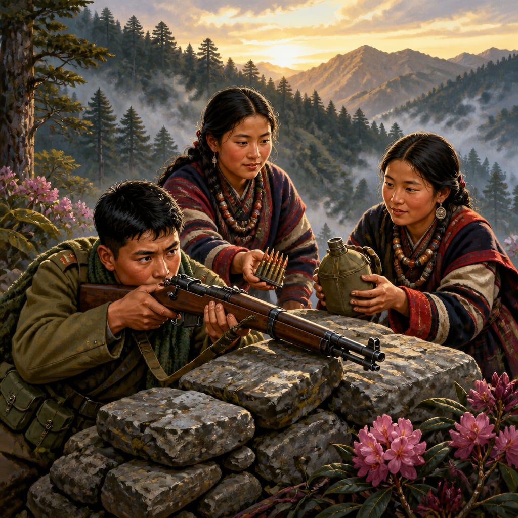 Rifleman Jaswant Singh Rawat aims his rifle from behind a Nuranang stone wall as Sela and Nura pass fresh clips and water.