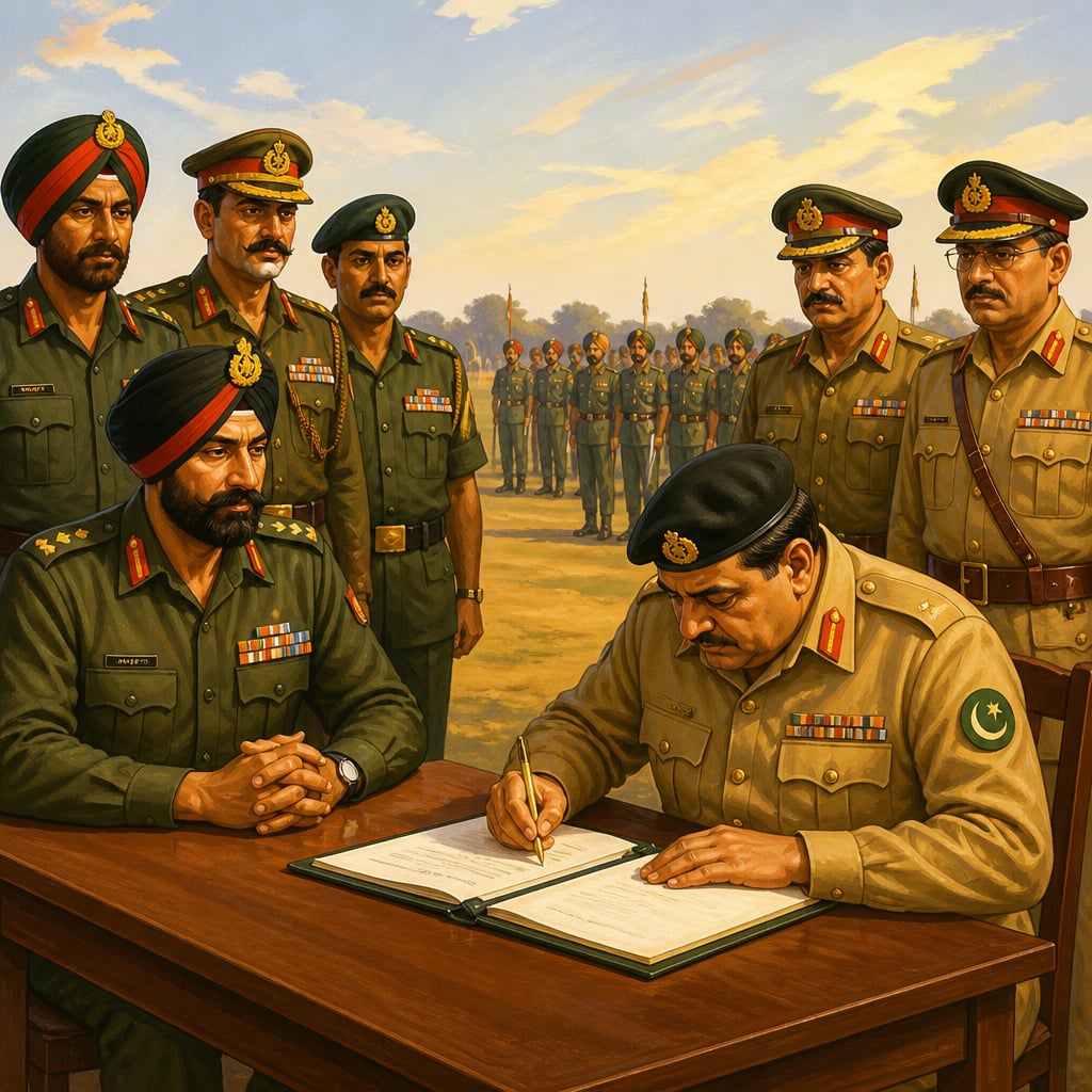 Lieutenant General Aurora watches as General Niazi signs the Instrument of Surrender at the Race Course Maidan in Dhaka, December 1971.