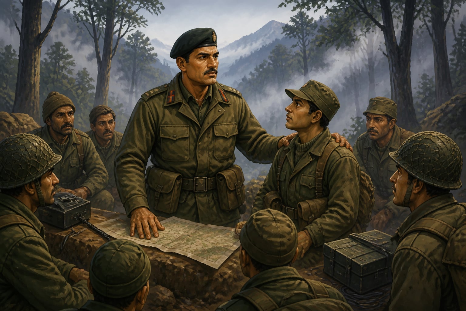 Brigadier Hoshiar Singh briefing his men in the NEFA hills