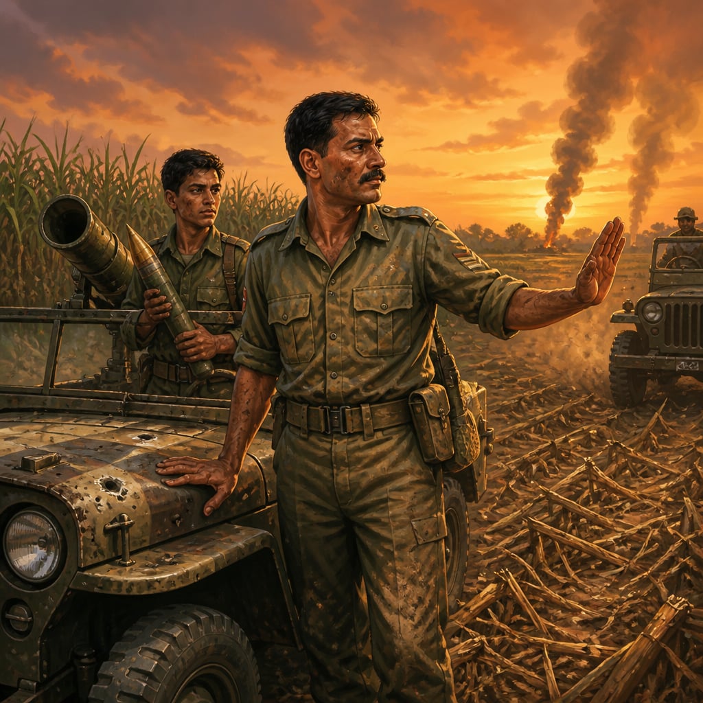 Havildar Abdul Hamid beside his shrapnel-pocked recoilless rifle jeep at Asal Uttar
