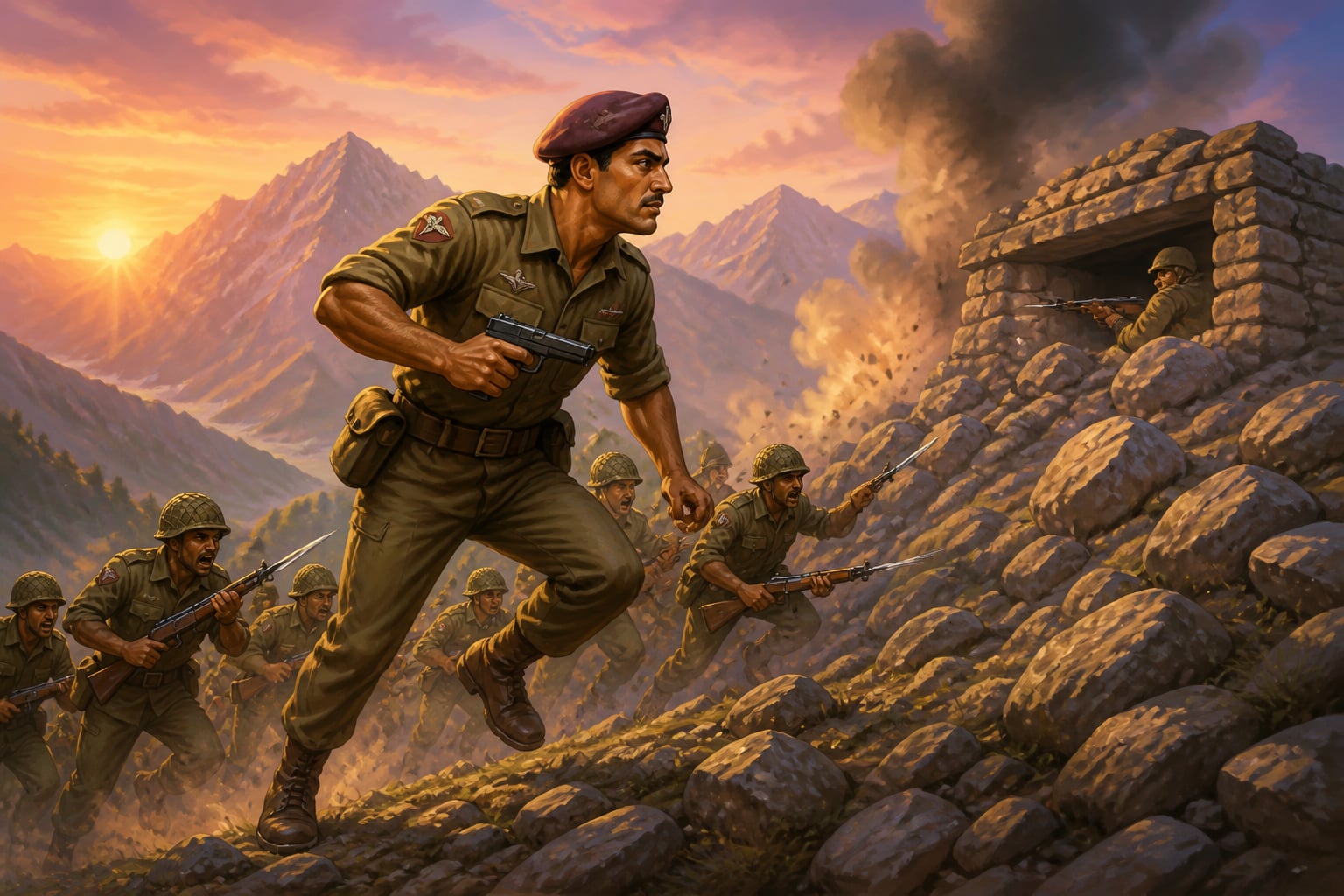 Major Dyal leading the dawn bayonet assault on Haji Pir