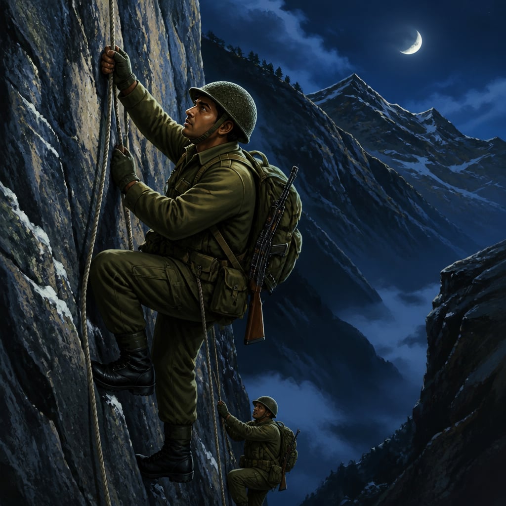 A 1 Para paratrooper roped to a cliff face on the Pir Panjal ridge above Haji Pir Pass at midnight