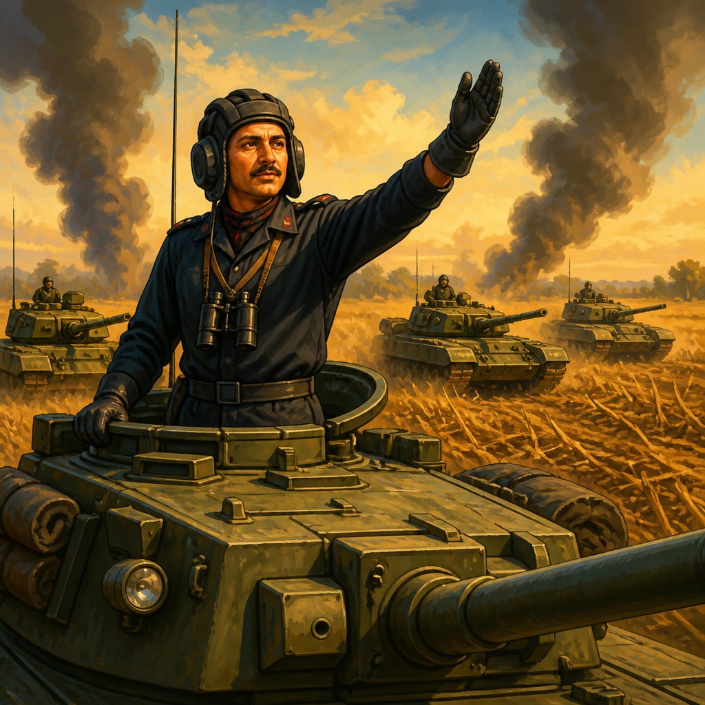 Lt Col Arun Vaidya in the turret of his Centurion command tank at Asal Uttar signalling Deccan Horse forward