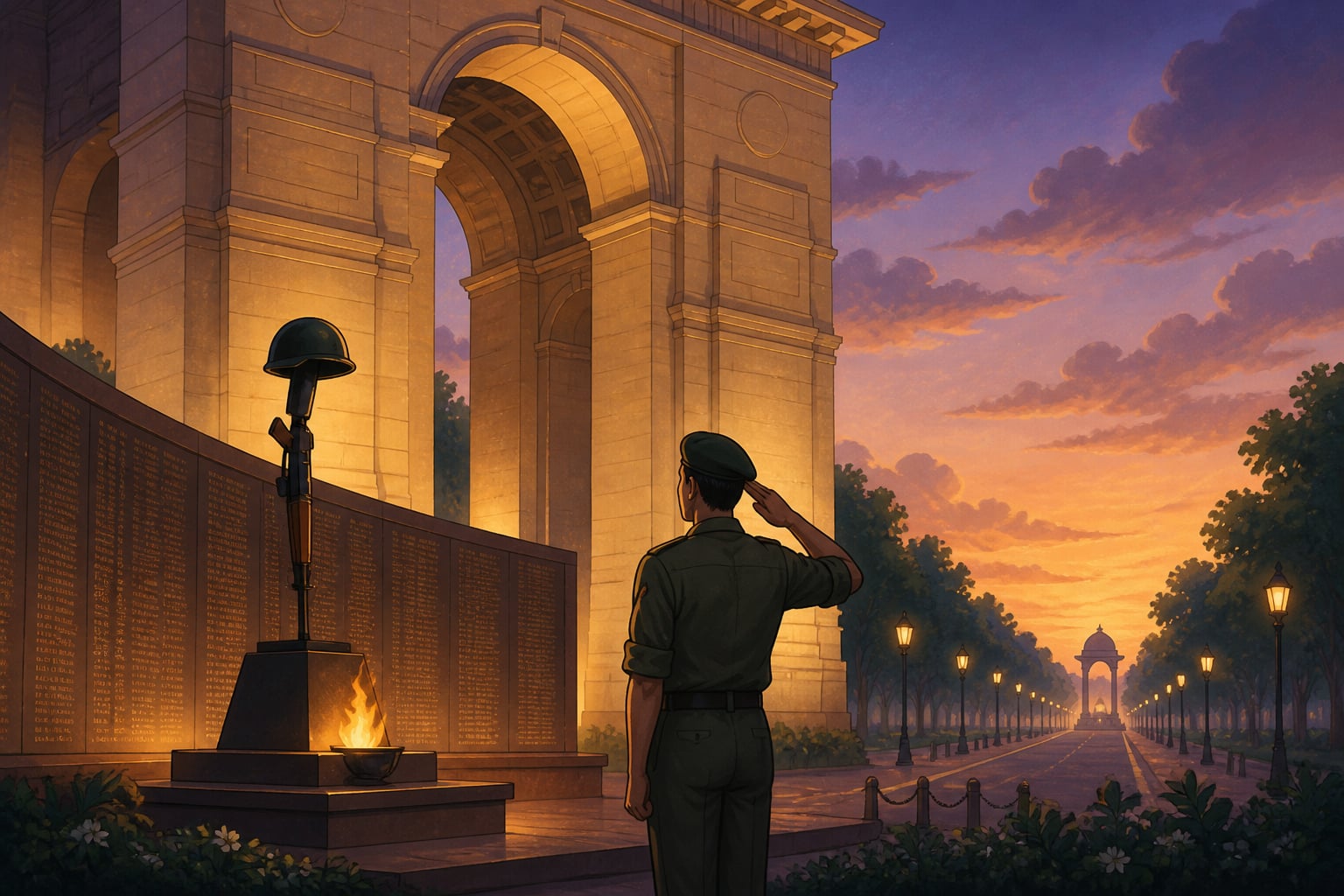 The India Gate Amar Jawan memorial at dusk
