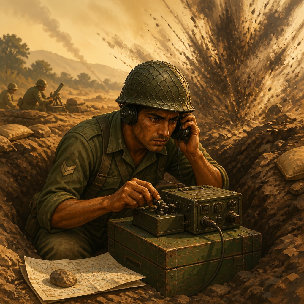 An Indian Army signaller of 1965 in a forward trench under mortar bombardment with a hand-cranked field radio
