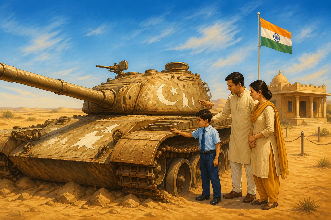 An Indian family visiting the Longewala memorial tank wreck