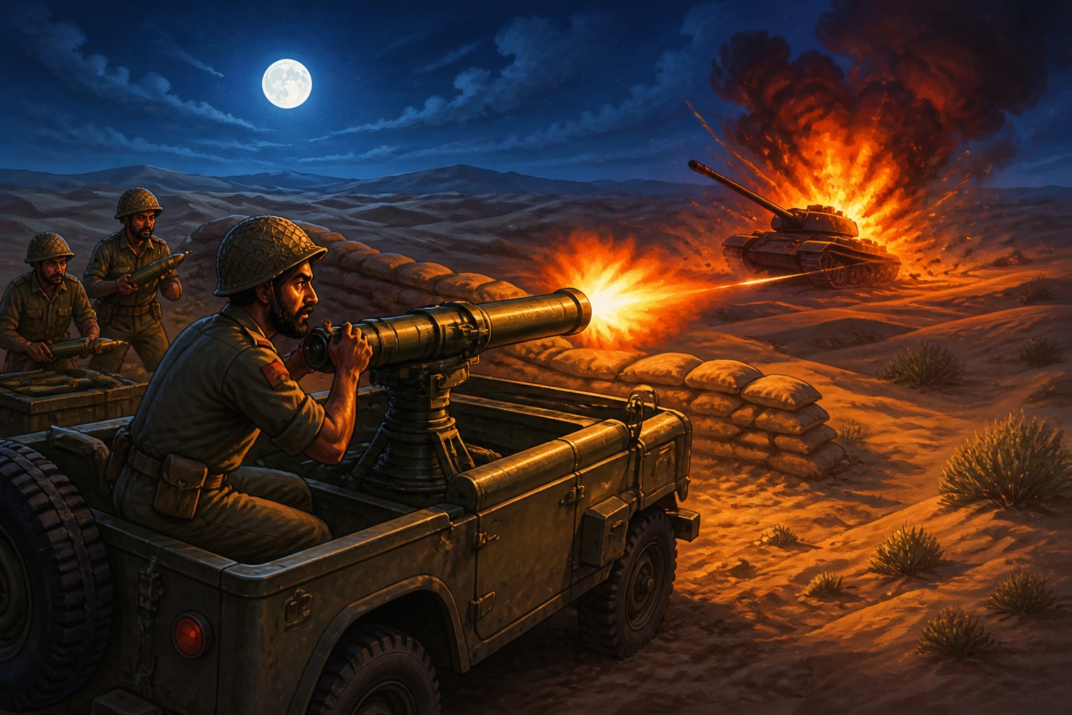 An Indian recoilless rifle crew firing on a Pakistani tank at night
