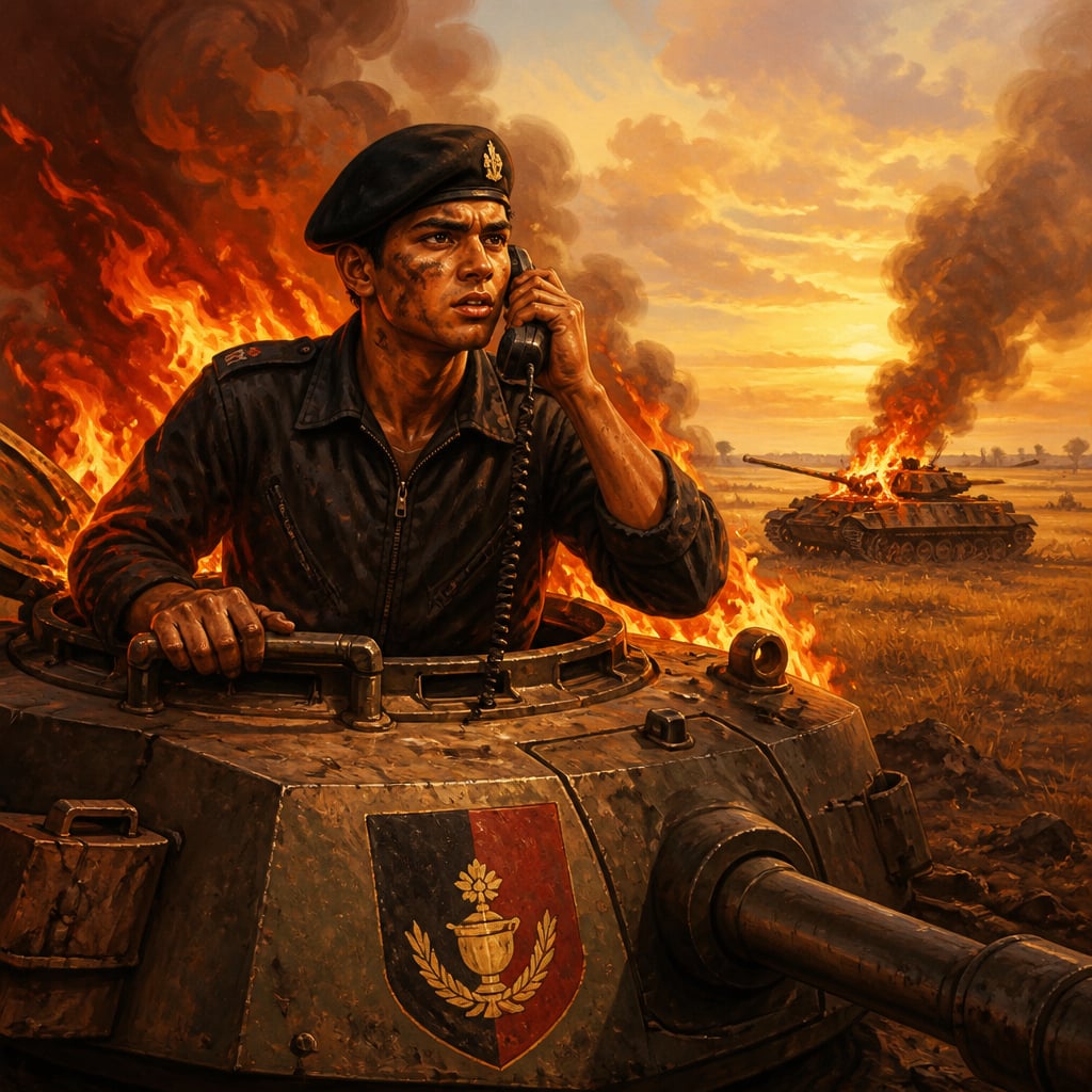 Second Lieutenant Arun Khetarpal fights from his burning Centurion tank at Basantar