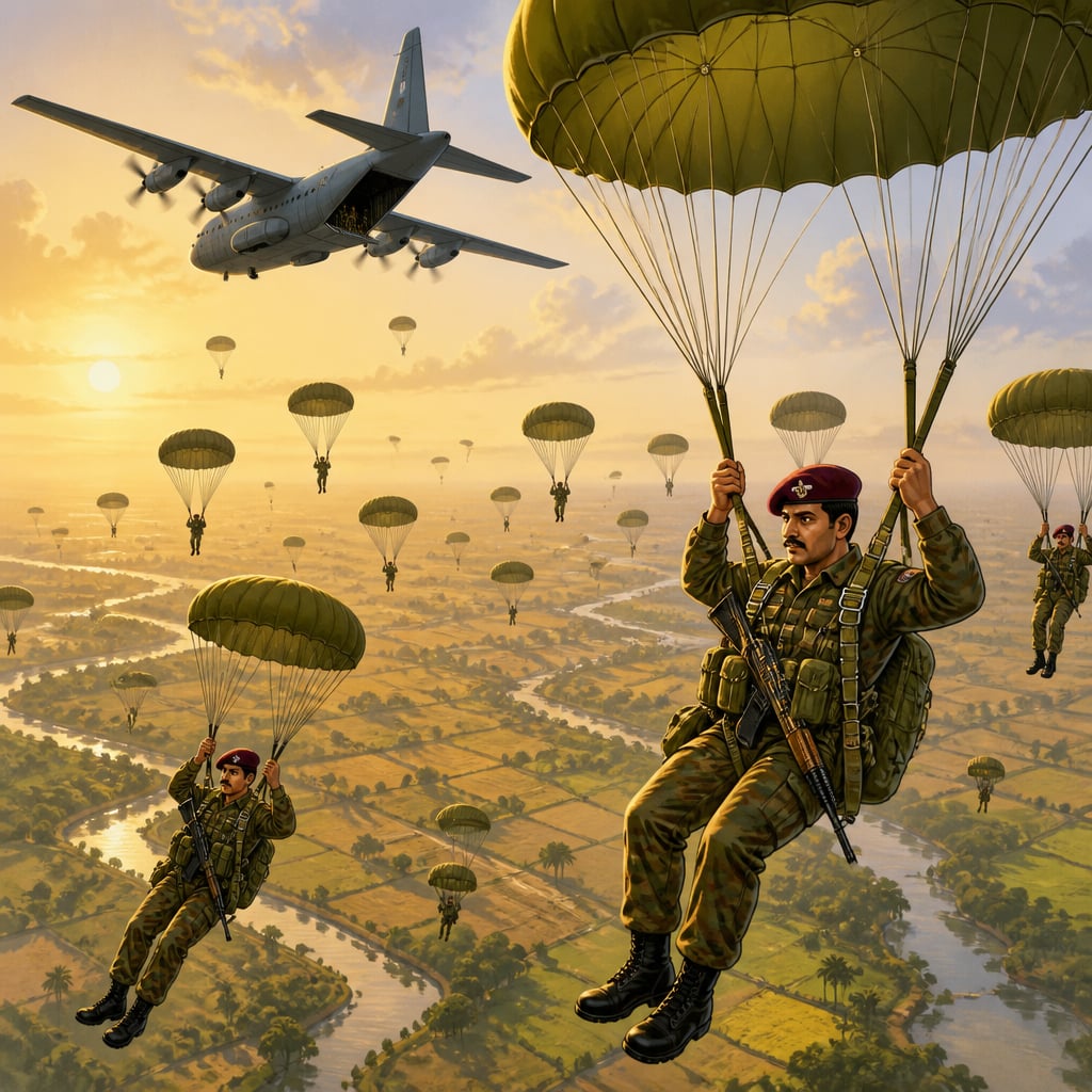 Indian paratroopers of 2 Para descend over Tangail in East Pakistan