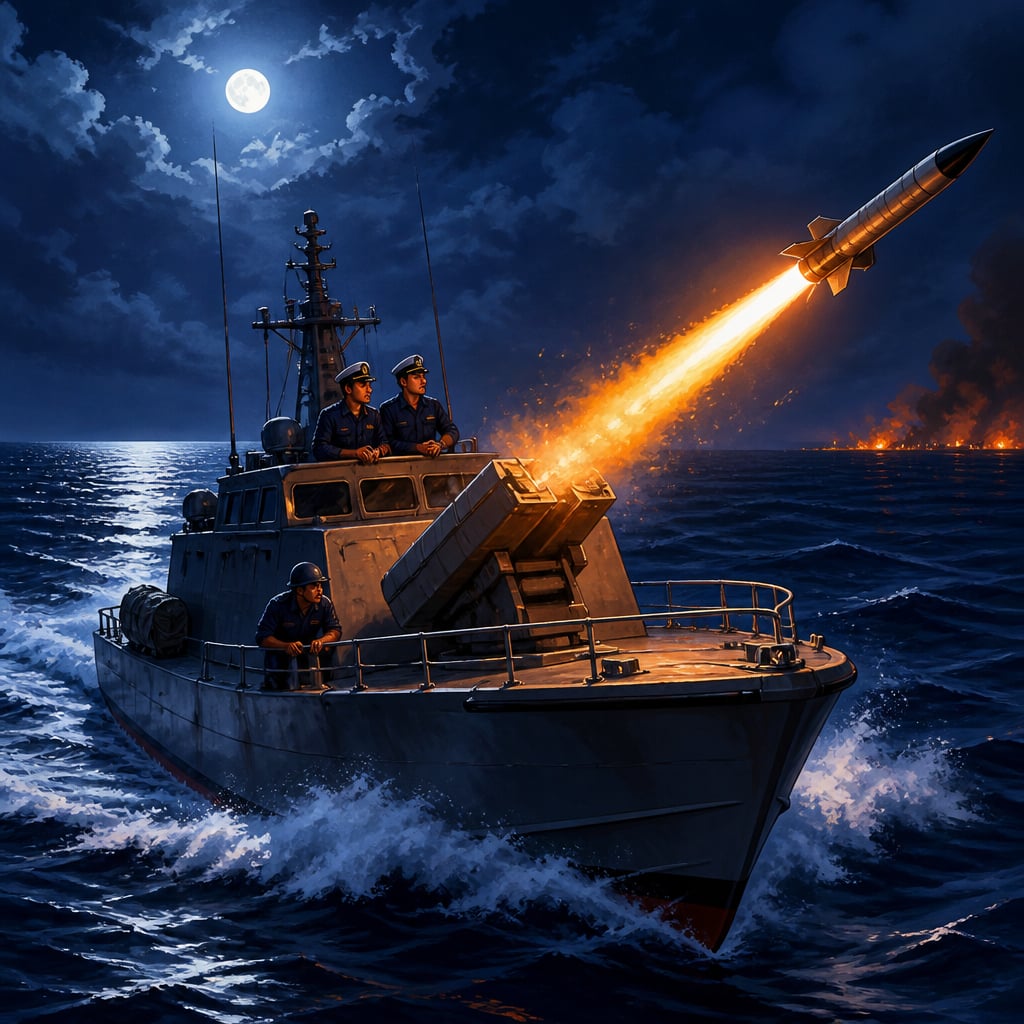 INS Nipat launches a P-15 anti-ship missile off Karachi at night