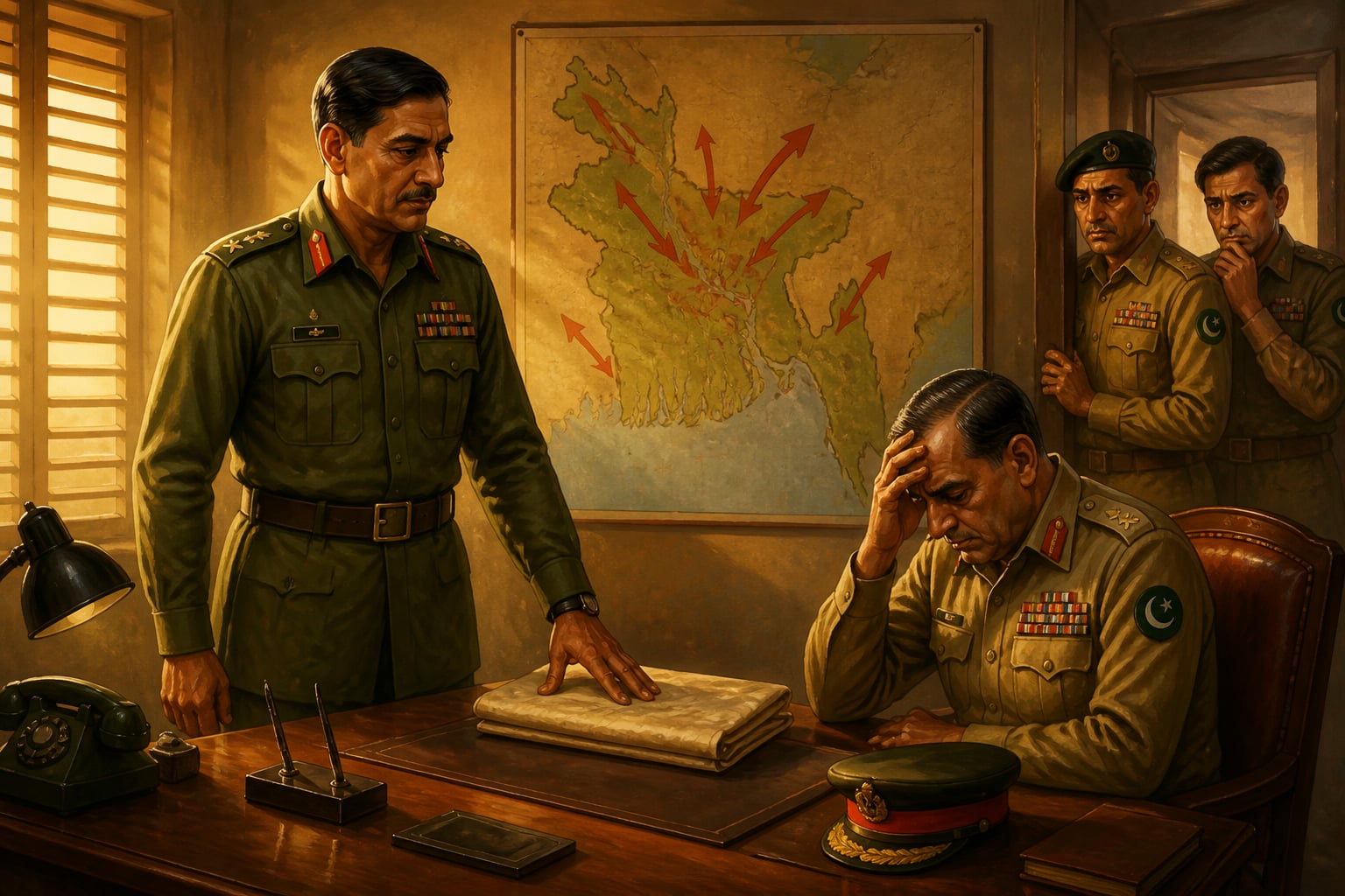 J.F.R. Jacob delivering the surrender ultimatum to Niazi in Dhaka