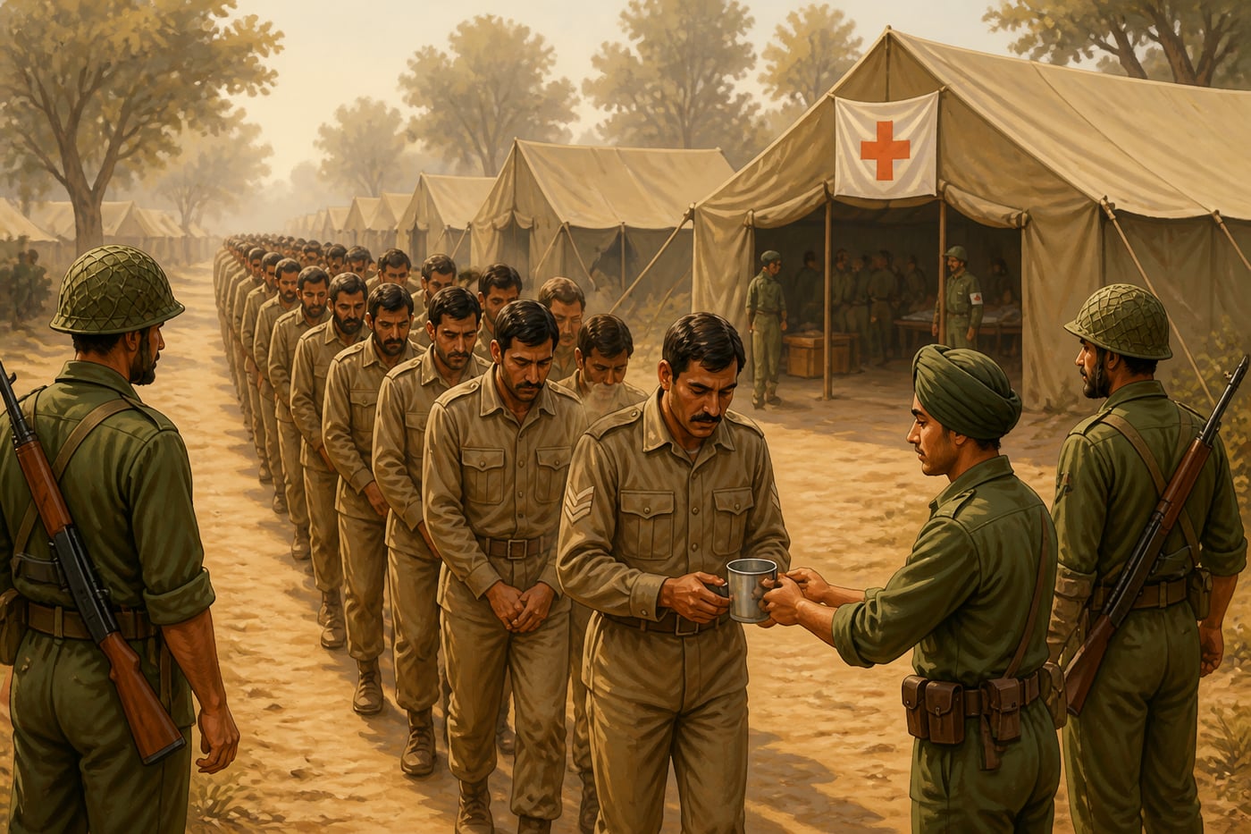 Pakistani POWs being escorted into an Indian reception camp