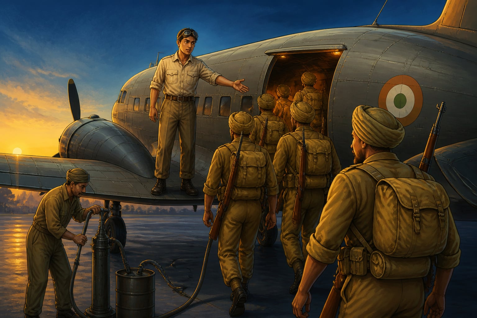 Biju Patnaik loading 1 Sikh troops at a pre-dawn airstrip