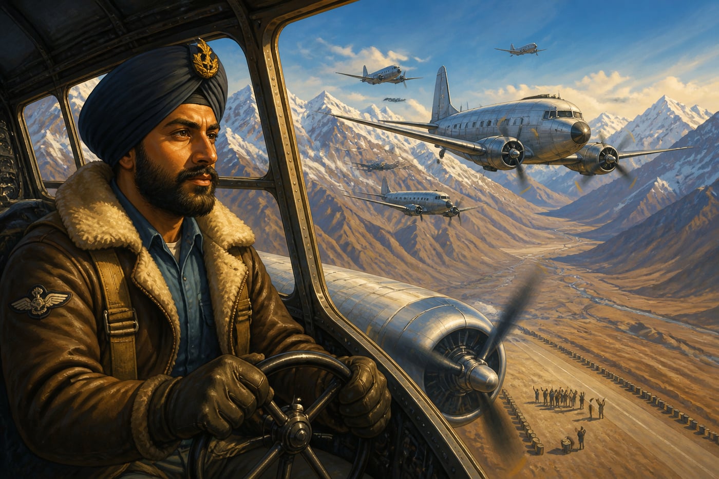 Mehar Singh leading Dakotas across the Himalayas to Leh