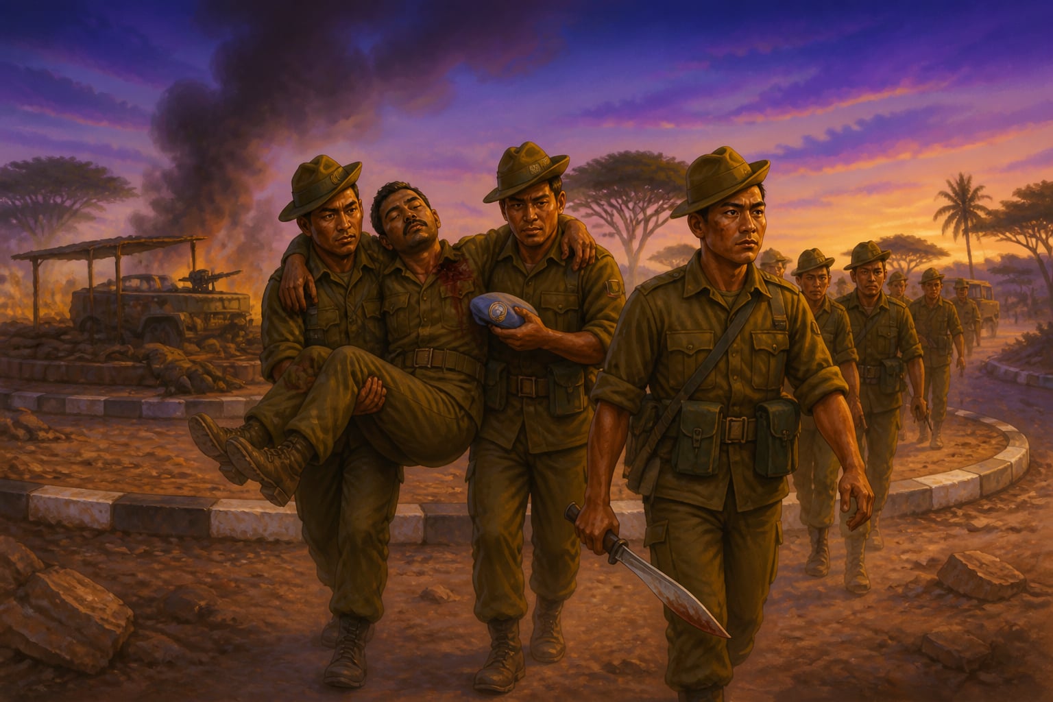 Gorkhas carrying wounded Captain Salaria from the roundabout