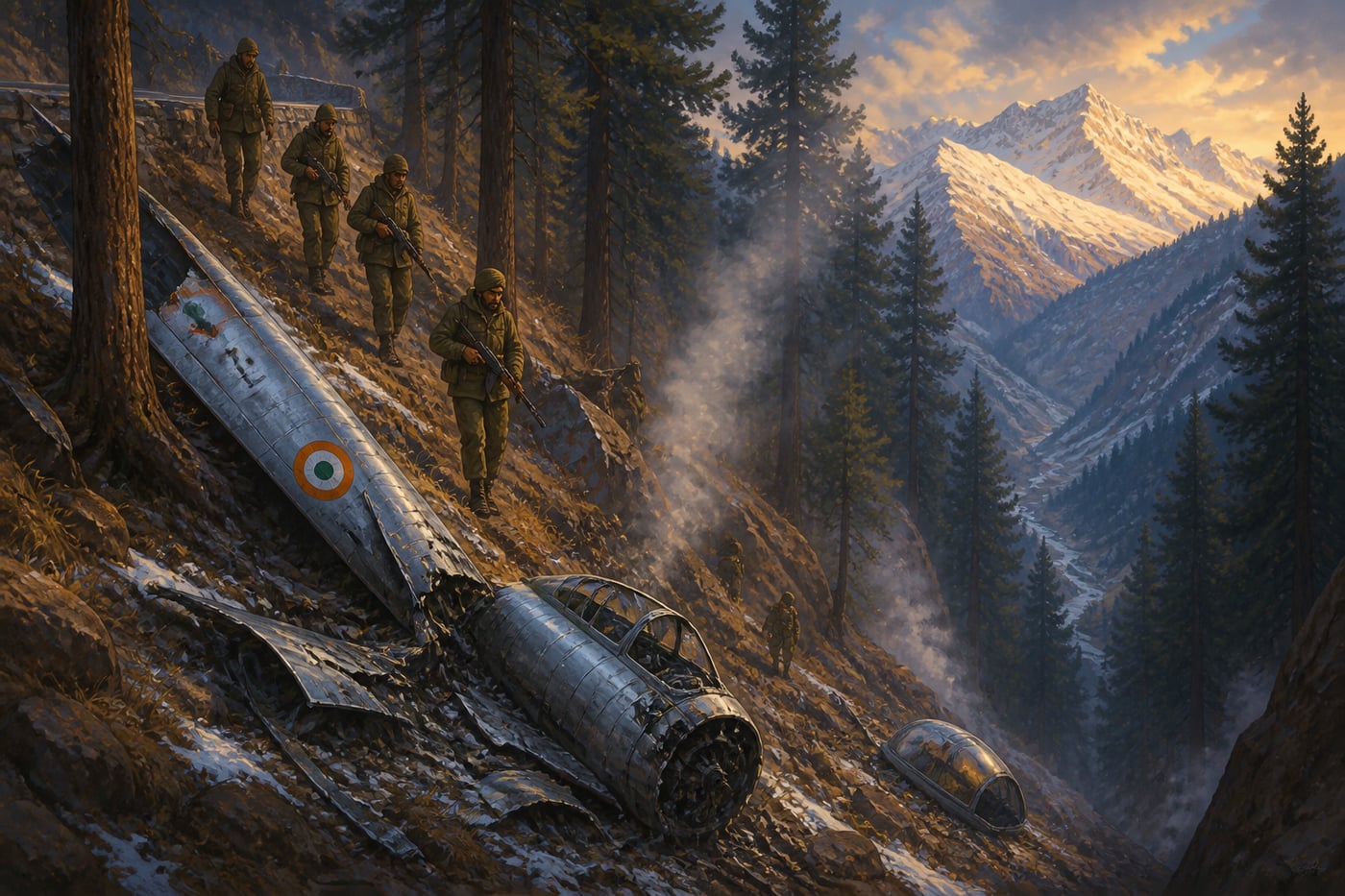 The wreckage of Sekhon's Gnat in a Kashmir gorge