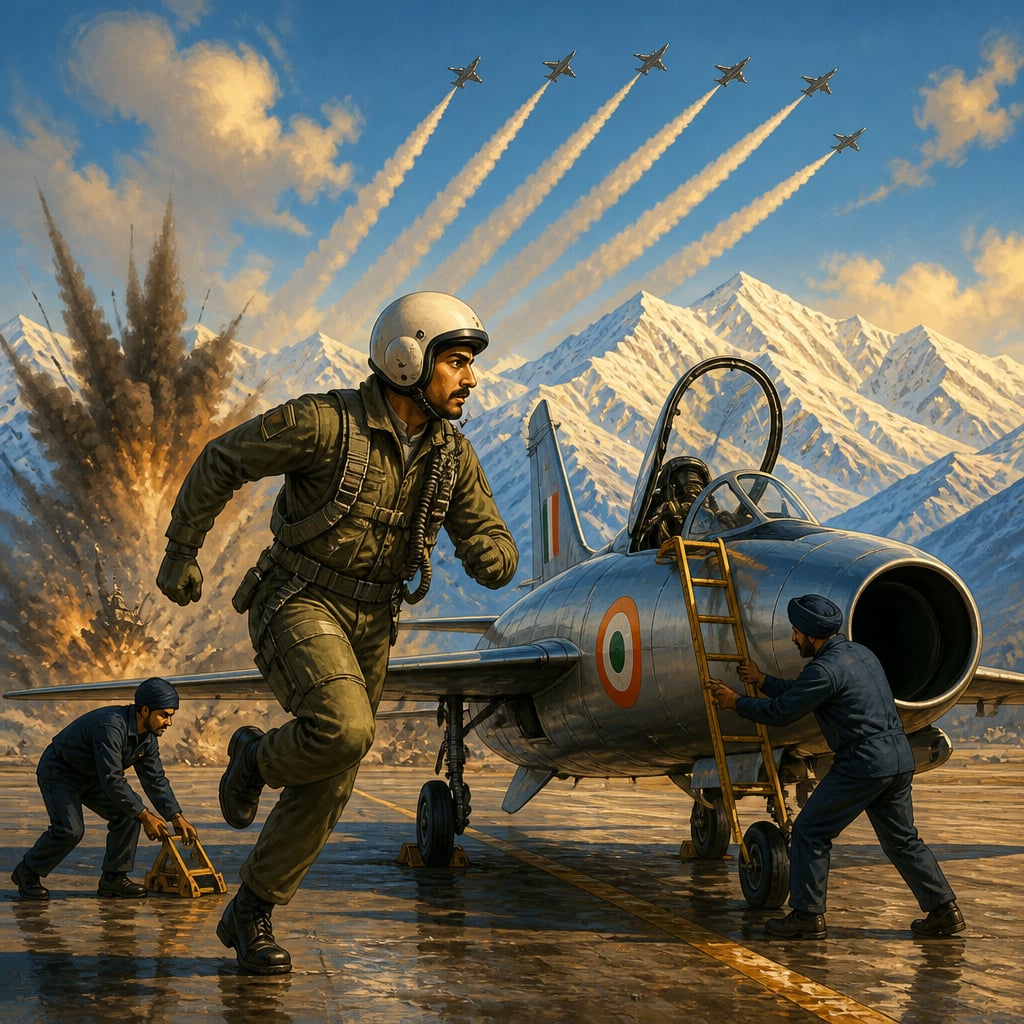 Flying Officer Sekhon scrambles to his Gnat as bombs fall on Srinagar