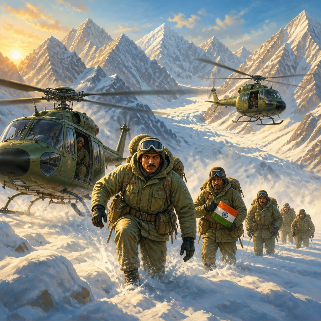 Cheetah helicopters landing at Bilafond La as Captain Sanjay Kulkarni leaps into the snow