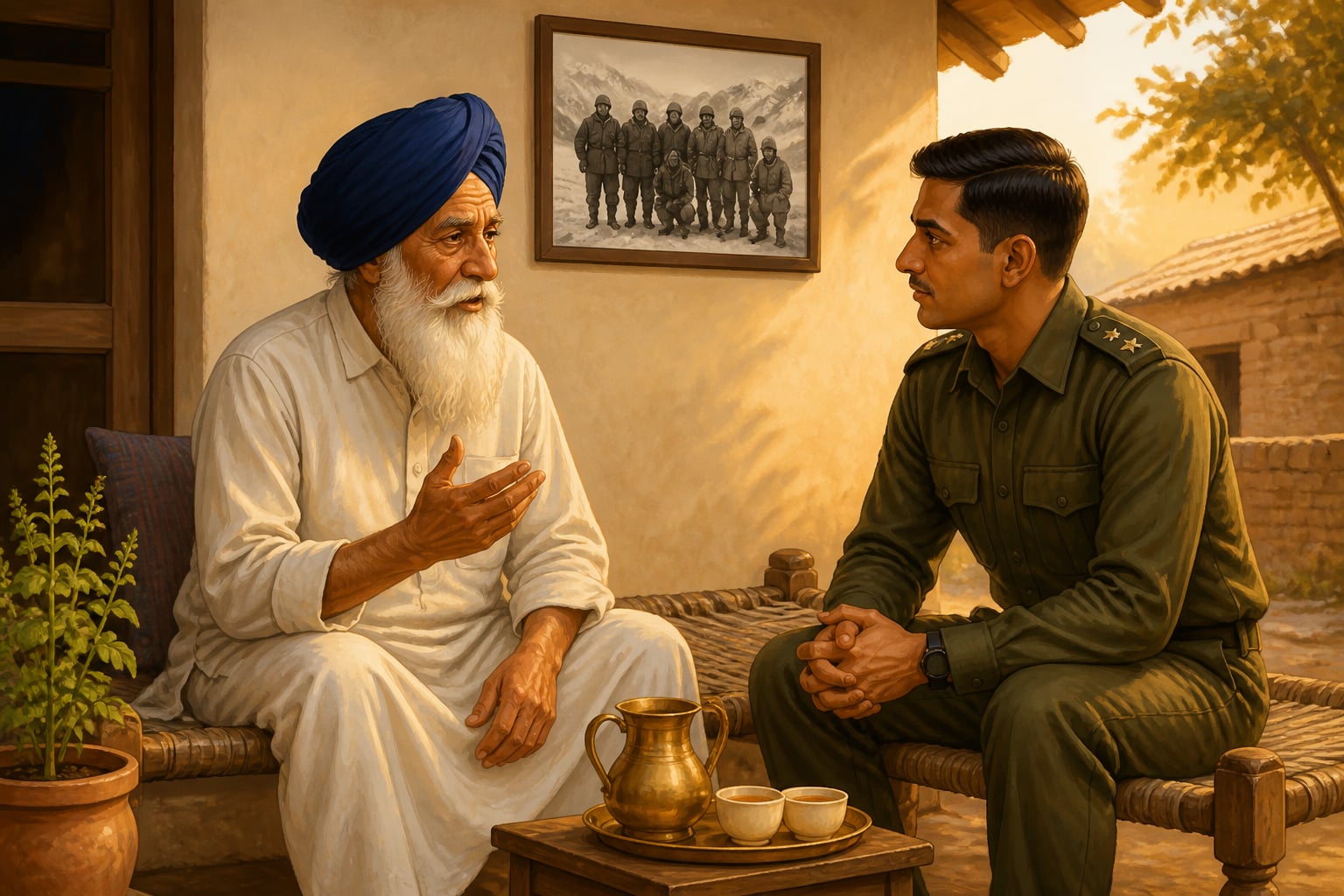 Elderly Bana Singh at his Jammu home receiving an Army visitor
