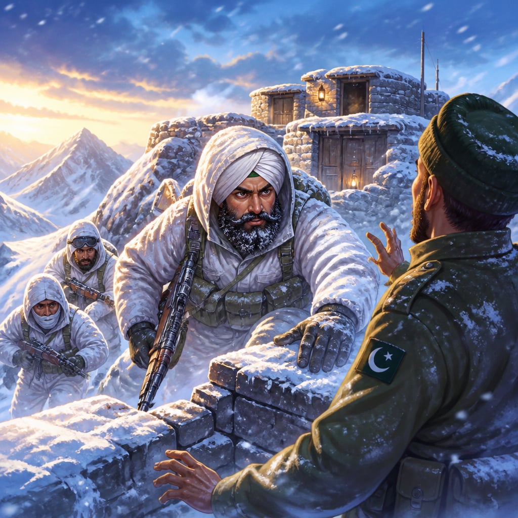 Naib Subedar Bana Singh hauling over the lip of Quaid Post in white winter camouflage at dawn