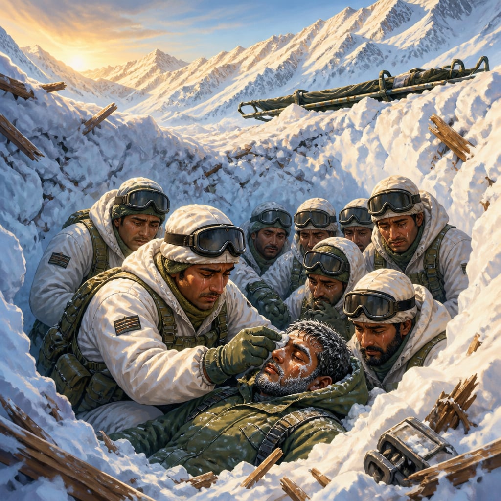 Rescue team at the bottom of a dig shaft clearing ice from Lance Naik Hanumanthappa Koppad's face