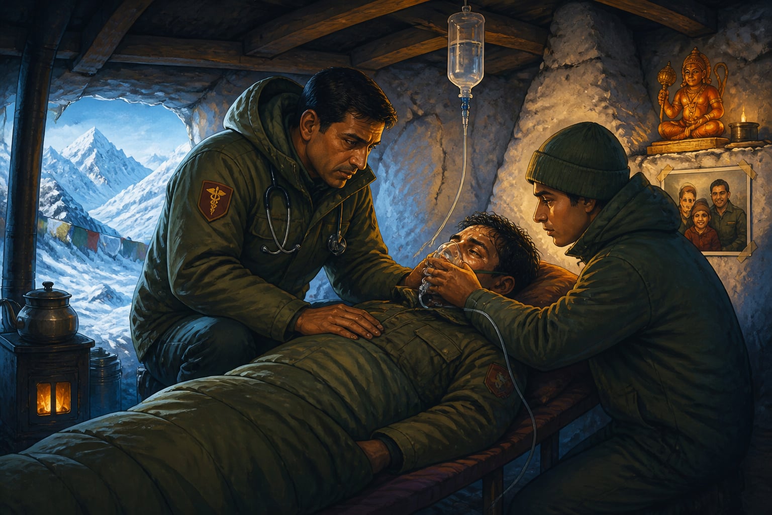 Army medic treating a soldier with pulmonary edema in a bunker