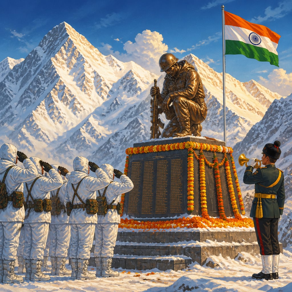 Indian Army soldiers saluting at the Siachen War Memorial at Partapur with marigold garlands