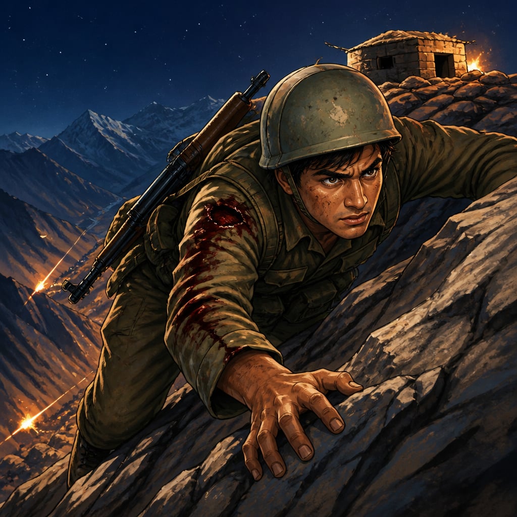 Grenadier Yogendra Singh Yadav clawing over the Tiger Hill cliff edge under fire