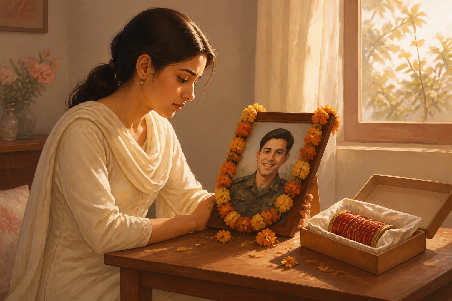 Dimple Cheema with Vikram Batra's photograph and unworn wedding bangles