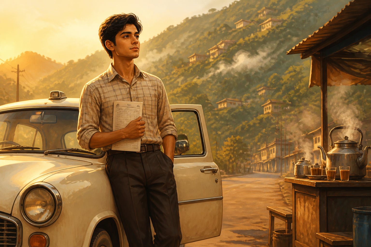 Young Sanjay Kumar with his Bilaspur taxi