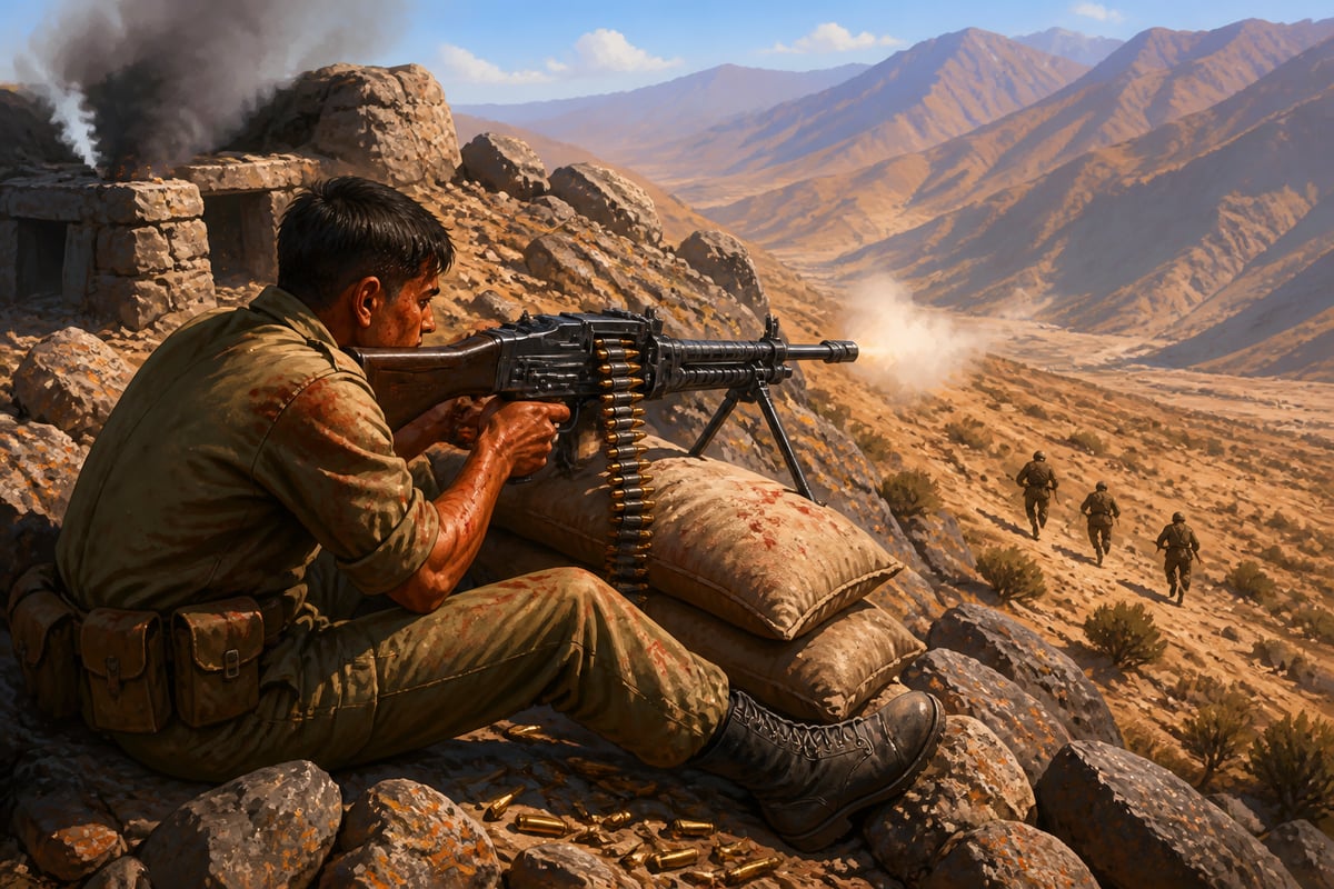 Sanjay Kumar firing the captured Pakistani machine gun on fleeing soldiers