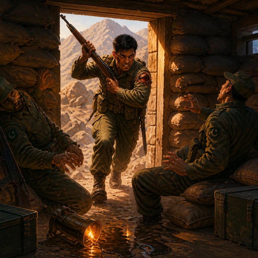Rifleman Sanjay Kumar charging a Pakistani bunker at Area Flat Top