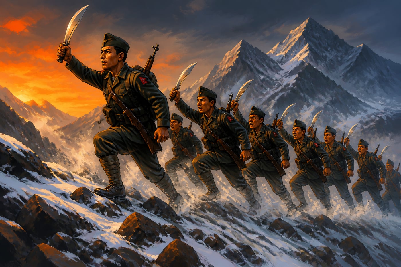 Gorkha soldiers charging together with kukris drawn