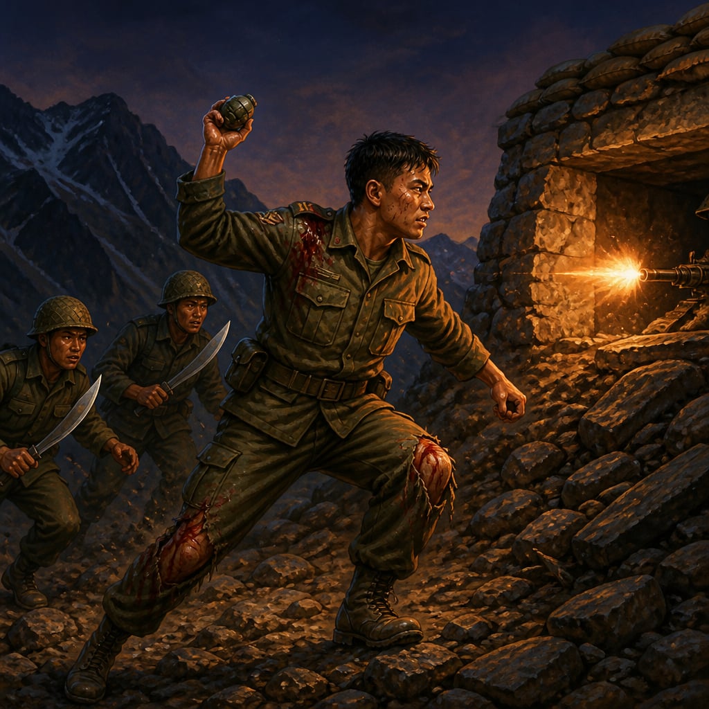Lieutenant Manoj Pandey throwing a grenade into a Jubar Top bunker