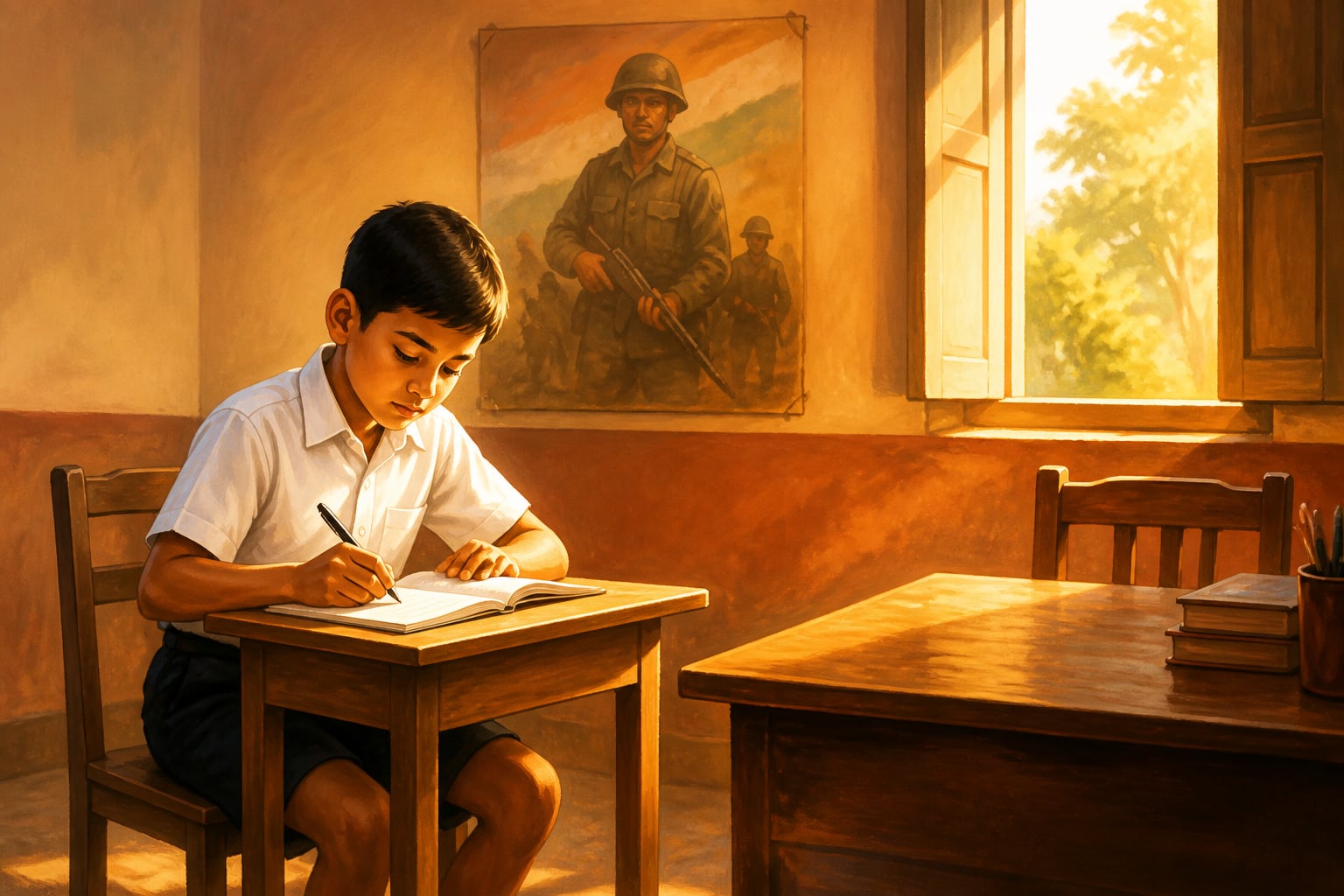 Young Manoj writing his soldier dream in his school diary