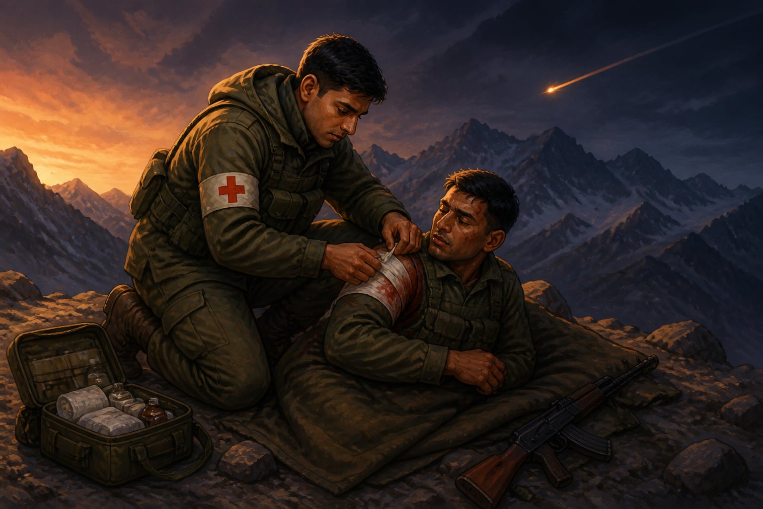 A battlefield medic giving buddy aid to a wounded comrade